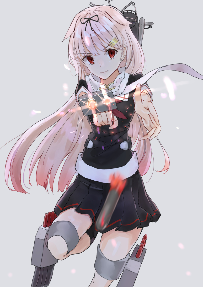 1girl aiming_at_viewer black_legwear black_ribbon black_serafuku black_skirt blonde_hair cowboy_shot eyebrows_visible_through_hair firing gradient_hair grey_background hair_flaps hair_ornament hair_ribbon hairclip highres holding_turret kantai_collection kei201107 kneehighs long_hair looking_at_viewer machinery multicolored_hair neckerchief pleated_skirt red_eyes red_neckwear remodel_(kantai_collection) ribbon scarf school_uniform serafuku short_sleeves simple_background skirt solo torpedo_tubes very_long_hair white_scarf yuudachi_(kantai_collection)