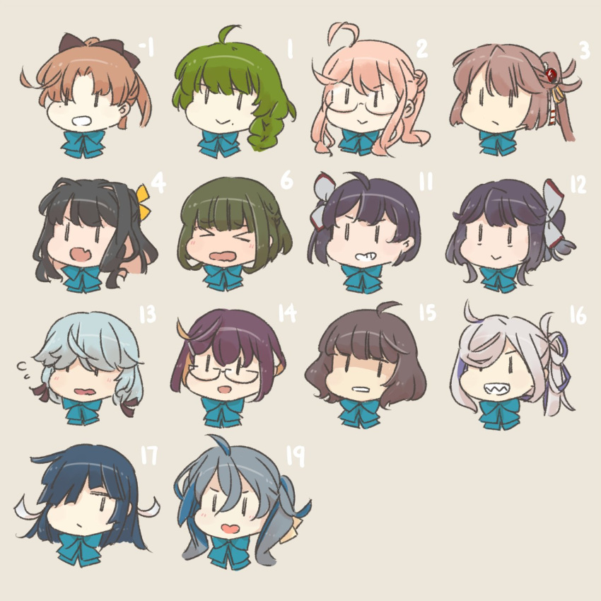 6+girls akigumo_(kantai_collection) asashimo_(kantai_collection) astcd2 black_hair braid brown_hair commentary english_commentary fujinami_(kantai_collection) glasses green_hair grey_background grin hair_over_one_eye hamanami_(kantai_collection) hayanami_(kantai_collection) hayashimo_(kantai_collection) head_only highres kantai_collection kazagumo_(kantai_collection) kiyoshimo_(kantai_collection) makigumo_(kantai_collection) multiple_girls naganami_(kantai_collection) okinami_(kantai_collection) open_mouth pink_hair ponytail side_ponytail silver_hair simple_background single_braid smile takanami_(kantai_collection) twintails yuugumo_(kantai_collection) ||_||