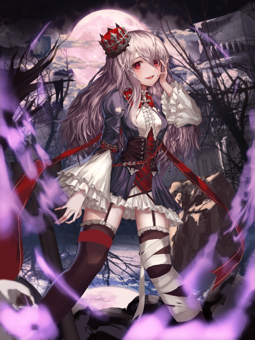 1girl absurdres bare_tree black_legwear commentary corset crown frilled_sleeves frills garter_straps hand_on_own_cheek highres long_sleeves luc_(kor) moon night original outdoors red_ribbon ribbon sidelocks solo standing tilted_headwear tree white_hair