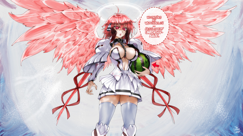 1girl ahoge android angel armor artist_name between_breasts black_collar breasts chain collar english_text food fruit hair_between_eyes halo highres ikaros large_breasts navel pink_wings red_eyes redhead robot_ears simple_background skirt solo sora_no_otoshimono speech_bubble standing the_golden_smurf thigh-highs watermelon white_legwear white_skirt wings