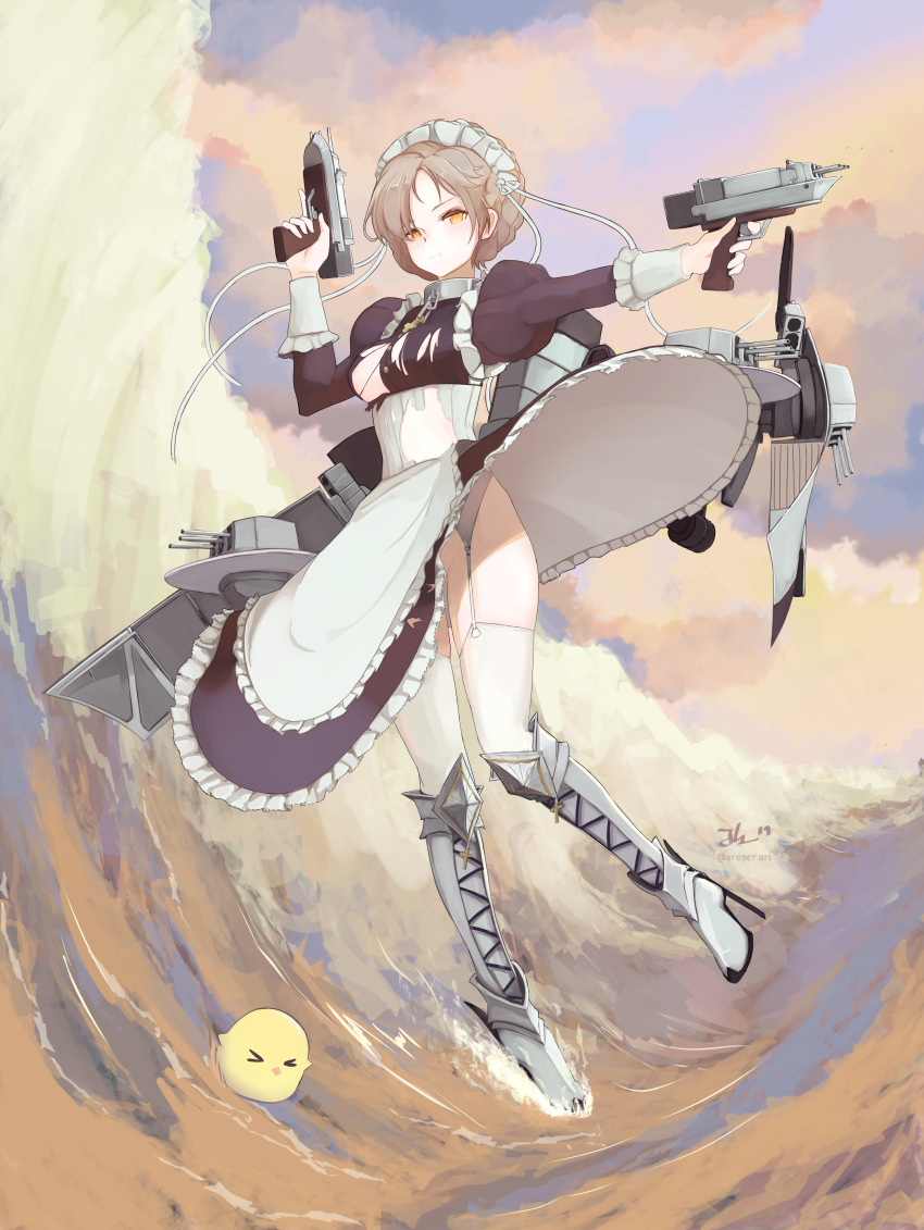 1girl absurdres apron arescr armored_boots azur_lane blush boots braid closed_mouth clouds cloudy_sky commentary corset english_commentary expressionless french_braid garter_belt garter_straps gun high_heel_boots high_heels highres holding holding_gun holding_weapon juliet_sleeves long_skirt long_sleeves looking_at_viewer maid maid_headdress manjuu_(azur_lane) no_panties ocean outdoors platinum_blonde_hair puffy_sleeves rigging sheffield_(azur_lane) short_hair signature skirt skirt_flip sky solo thigh-highs torn_clothes twitter_username waist_apron waves weapon white_legwear yellow_eyes
