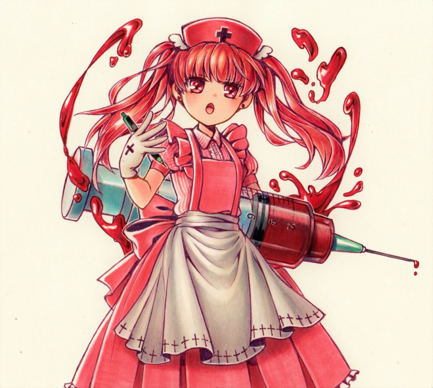 1girl :o apron bangs blood dress earrings gloves hand_up highres jewelry looking_at_viewer marker_(medium) moguo nurse original oversized_object pen pinafore_dress pink_apron pink_shirt red_eyes redhead shirt simple_background standing stud_earrings syringe traditional_media white_background white_gloves