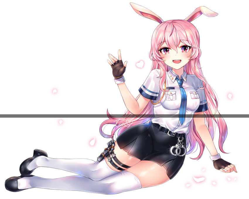 1girl :d animal_ears bangs belt belt_buckle black_belt black_footwear black_gloves black_skirt blue_neckwear blush breasts buckle collared_shirt commentary_request commission cuffs elsword eyebrows_visible_through_hair fingerless_gloves full_body gloves gun hair_between_eyes hand_up handcuffs handgun heart high_heels highres holster holstered_weapon laby_(elsword) long_hair necktie open_mouth pink_eyes pink_hair pistol rabbit_ears round_teeth shirt shoes short_sleeves simple_background skirt small_breasts smile solo teeth thigh-highs thigh_holster upper_teeth very_long_hair weapon white_background white_legwear white_shirt xes_(xes_5377)