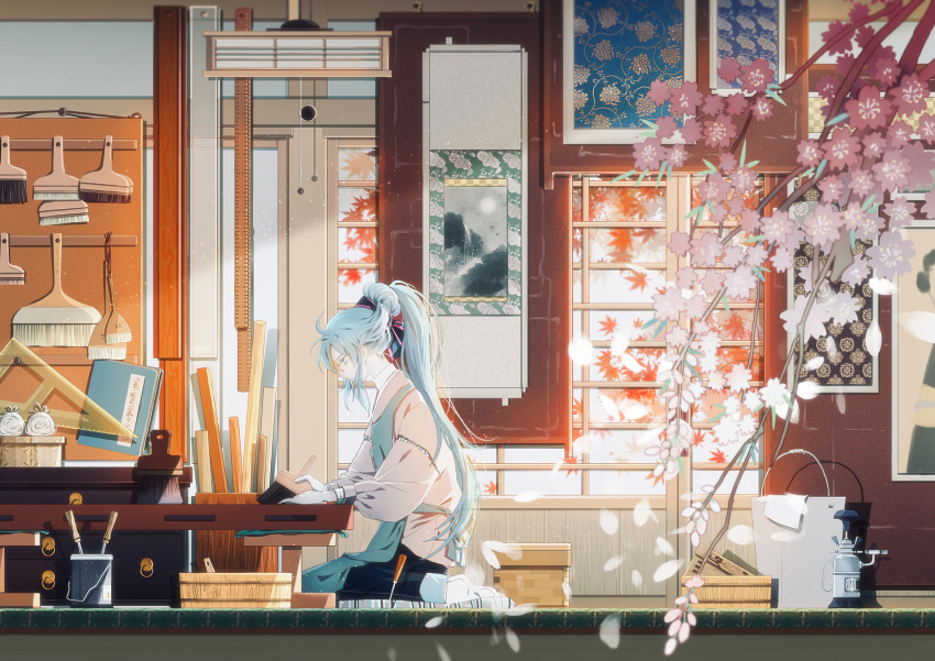 1girl alternate_hairstyle amada_(12785891) apron aqua_eyes aqua_hair basin brush bucket cherry_blossoms chisel commentary_request floral_print from_side glasses gloves hatsune_miku highres holding_brush indoors leaf long_hair looking_down maple_leaf ponytail protractor ruler seiza sitting socks solo towel tree vocaloid white_gloves wide_shot working