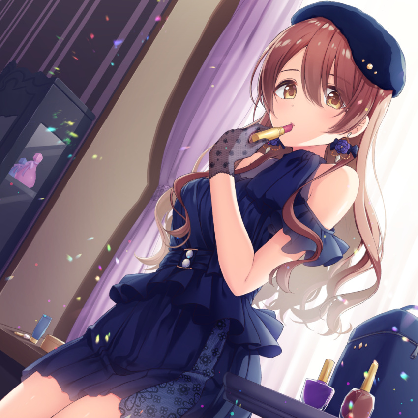 1girl applying_makeup backlighting bag bare_shoulders beret black_dress blue_dress blue_headwear blush bottle breasts brown_eyes brown_hair buckle commentary_request curtains dress earrings flower flower_earrings hat holding idolmaster idolmaster_shiny_colors indoors jewelry layered_dress lipstick lipstick_tube makatani makeup medium_breasts oosaki_tenka perfume_bottle purple_flower shelf short_sleeves shoulder_cutout sitting solo table wavy_hair window