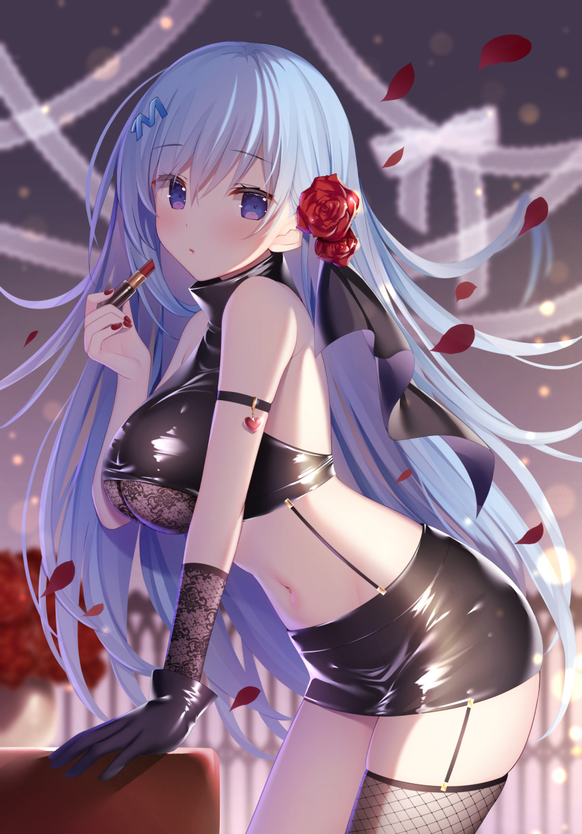 1girl arm_strap bare_shoulders black_gloves black_shirt black_skirt blue_hair blurry breasts cowboy_shot crop_top depth_of_field emori_miku emori_miku_project fishnet_legwear fishnets flower garter_straps gloves hair_flower hair_ornament hand_up highres holding large_breasts latex lipstick long_hair looking_at_viewer makeup midriff miko_92 miniskirt nail_polish navel parted_lips pencil_skirt petals red_flower red_nails rose shirt skindentation skirt sleeveless sleeveless_shirt sleeveless_turtleneck solo stomach thigh-highs thighs turtleneck very_long_hair violet_eyes