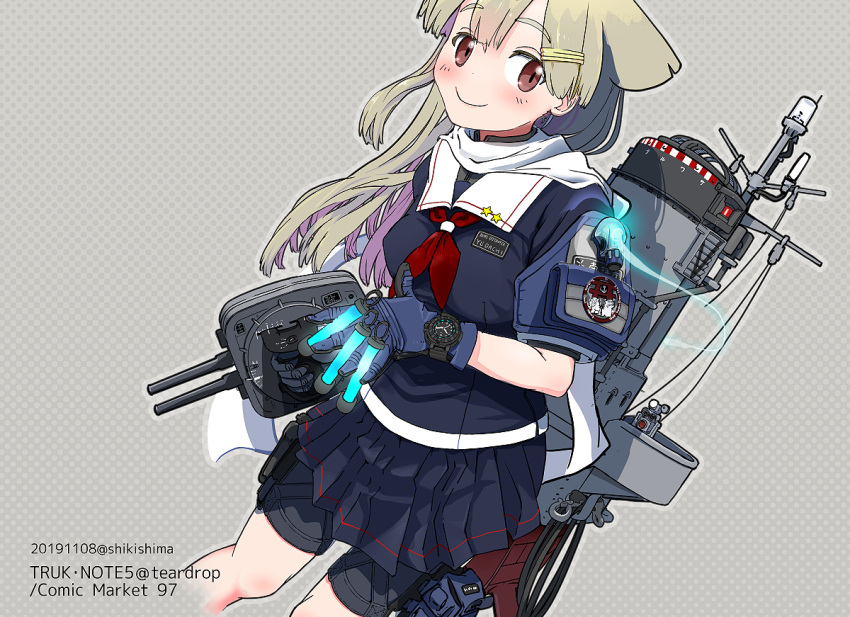 1girl black_serafuku black_skirt blonde_hair blue_gloves character_name commentary_request dated dutch_angle eyebrows_visible_through_hair gloves gradient_hair hair_flaps hair_ornament hairclip holding_turret kantai_collection long_hair looking_at_viewer machinery multicolored_hair name_tag neckerchief pleated_skirt red_eyes red_neckwear remodel_(kantai_collection) scarf school_uniform serafuku shikishima_fugen short_sleeves skirt smile solo twitter_username white_scarf yuudachi_(kantai_collection)