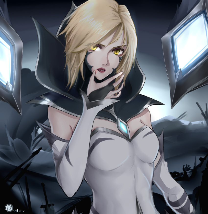 1girl absurdres alternate_costume blonde_hair breasts commentary_request detached_sleeves eyebrows_visible_through_hair eyes_visible_through_hair hair_between_eyes highres kai'sa league_of_legends looking_at_viewer mask medium_breasts open_mouth red_lips short_hair solo tagme unique_(pixiv12704744)