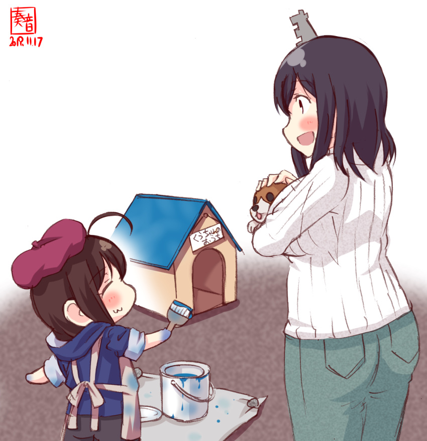 2girls :3 ahoge alternate_costume animal apron artist_logo beret black_hair blue_hoodie closed_eyes commentary_request dated denim dog doghouse hair_ornament hat highres hood hood_down hoodie jeans kanon_(kurogane_knights) kantai_collection long_sleeves multiple_girls open_mouth paint paint_can paint_on_clothes paintbrush pants puppy red_eyes red_headwear ribbed_sweater shigure_(kantai_collection) short_hair shorts signature smile sweater trim_brush white_sweater yamashiro_(kantai_collection)