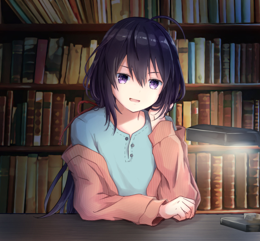 1boy abc_cherry ahoge black_hair blue_shirt book bookshelf highres indoors male_focus namazuo_toushirou shirt solo table touken_ranbu violet_eyes