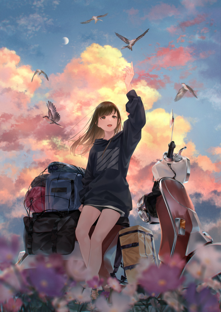 1girl :d animal arm_up bag bangs bare_legs bike_shorts bird black_shorts black_sweater blurry blurry_foreground brown_eyes brown_hair clouds cloudy_sky commentary_request crescent_moon day depth_of_field dress eyebrows_visible_through_hair flower ground_vehicle headwear_removed helmet helmet_removed highres long_hair luggage moon moped motor_vehicle open_mouth original outdoors purple_flower shorts sky smile solo sousou_(sousouworks) standing sweater sweater_dress swept_bangs