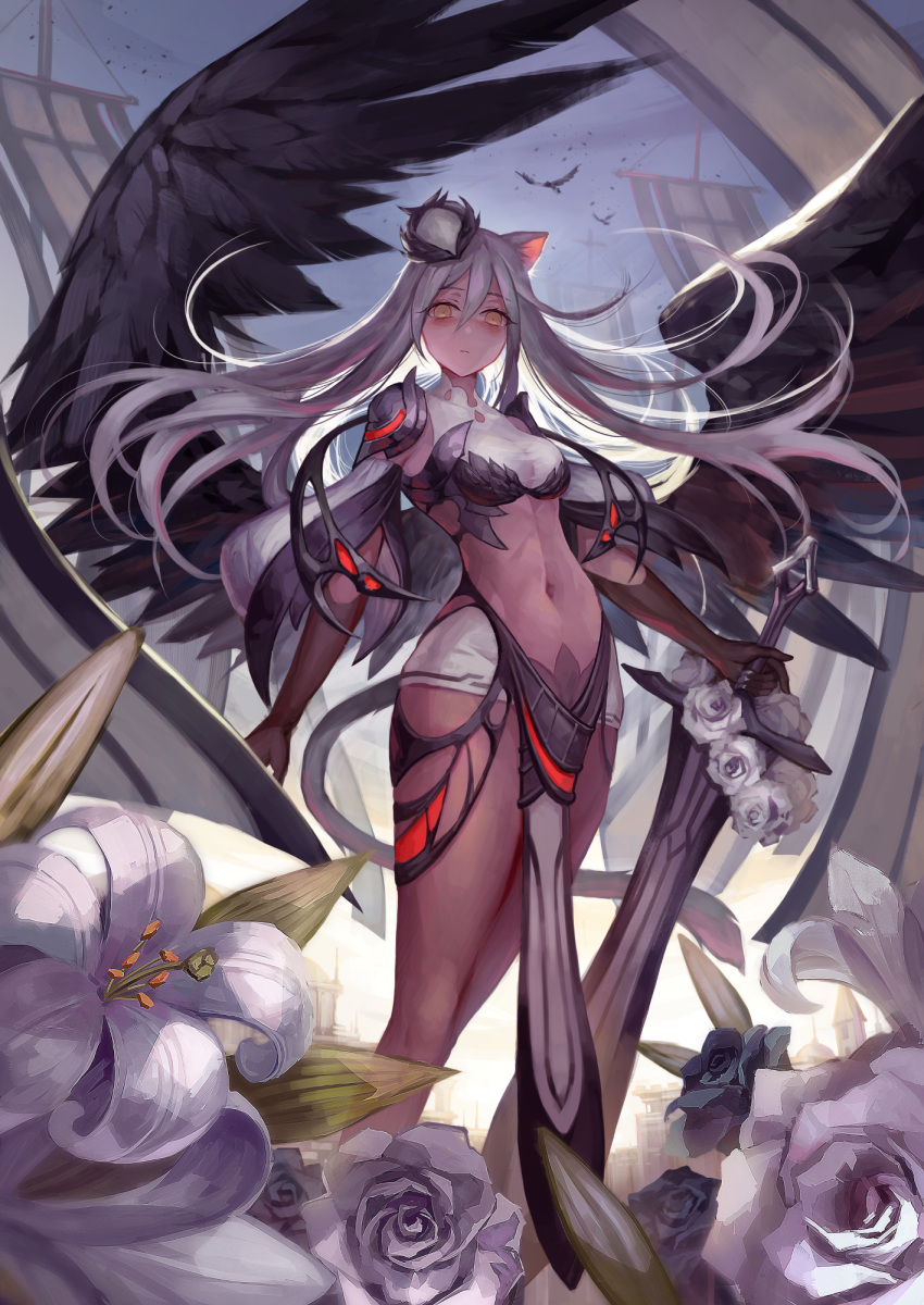 1girl angel angel_wings animal_ears armor bangs black_wings breasts cat_ears closed_mouth crop_top expressionless feathered_wings flower hair_between_eyes highres holding holding_sword holding_weapon long_hair looking_at_viewer medium_breasts navel original outdoors pelvic_curtain rose sidelocks solo standing stomach sword tamarashi toned very_long_hair weapon white_flower white_hair white_rose wings yellow_eyes