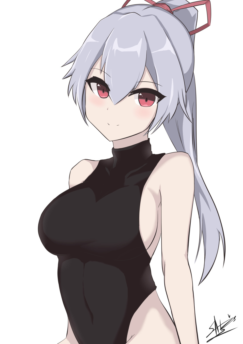 1girl absurdres bangs bare_arms bare_shoulders black_leotard breasts closed_mouth commentary_request covered_collarbone covered_navel eyebrows_visible_through_hair fate/grand_order fate_(series) grey_hair hair_between_eyes hair_ribbon high_ponytail highres ichikawayan large_breasts leotard long_hair looking_at_viewer ponytail red_eyes red_ribbon ribbon sidelocks signature simple_background smile solo tomoe_gozen_(fate/grand_order) white_background