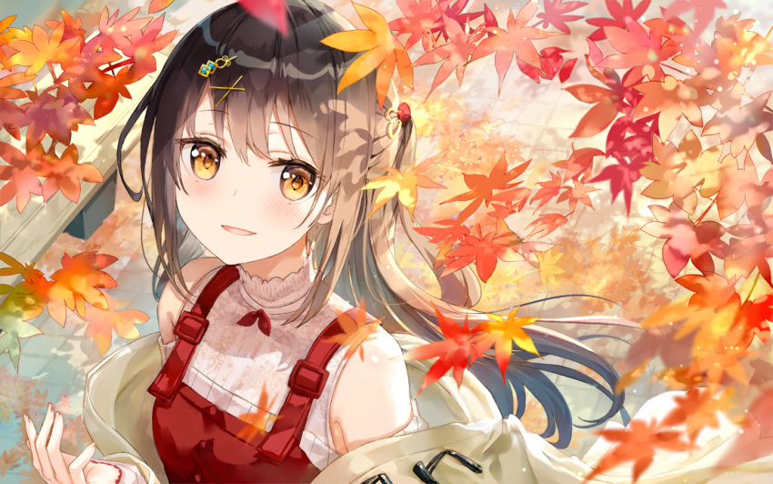 1girl autumn autumn_leaves bangs blue_eyes blush brown_coat brown_hair coat commentary_request eyebrows_visible_through_hair from_above fuumi_(radial_engine) hair_ornament hairclip long_hair long_sleeves looking_at_viewer looking_up map off_shoulder one_side_up open_clothes open_coat original overalls parted_lips shirt sidelocks smile solo upper_body white_shirt x_hair_ornament