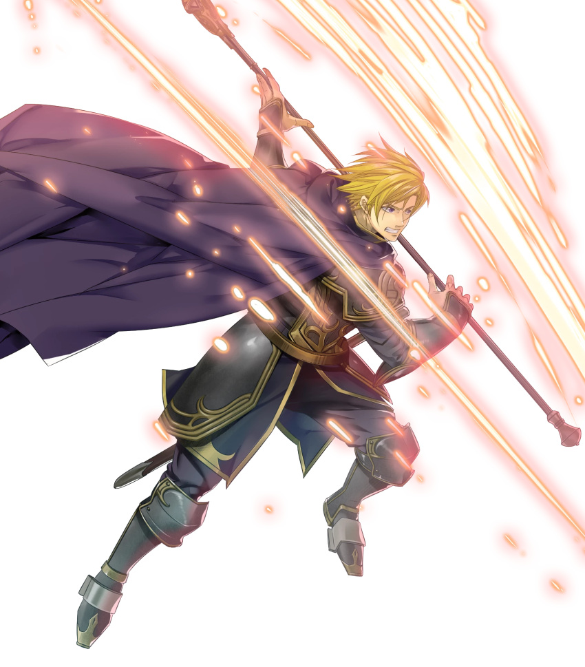 1boy armor armored_boots aura belt blonde_hair boots cape fire_emblem fire_emblem:_the_binding_blade fire_emblem_heroes full_body highres official_art perceval_(fire_emblem) polearm solo spear sword teeth transparent_background violet_eyes weapon yura_(ub4u)