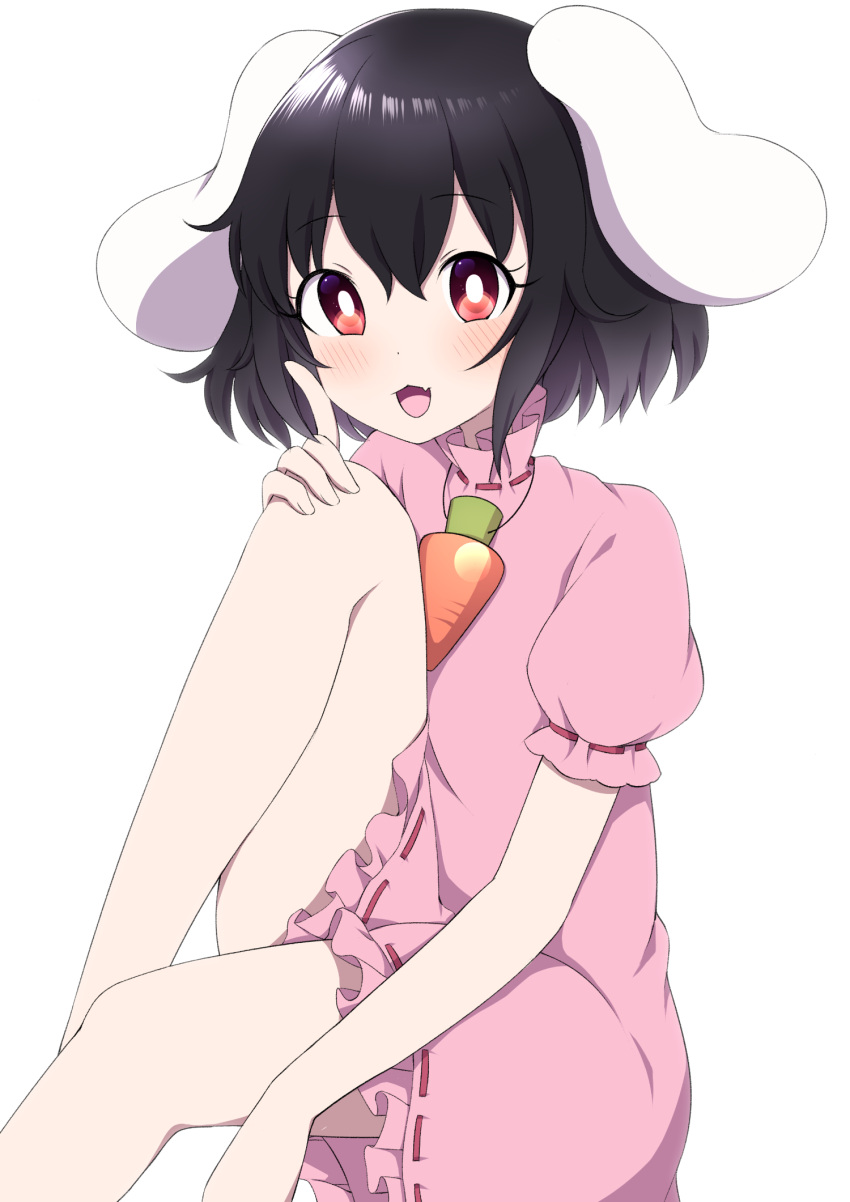 1girl :3 animal_ears black_hair blush bright_pupils carrot_necklace commentary_request dress eyebrows_visible_through_hair fang feet_out_of_frame finger_to_cheek hair_between_eyes hand_on_own_knee high_collar highres inaba_tewi index_finger_raised knee_to_chest looking_at_viewer open_mouth partial_commentary pink_dress puffy_short_sleeves puffy_sleeves rabbit_ears red_eyes short_hair short_sleeves simple_background sitting skin_fang solo touhou tsukimirin white_background white_pupils