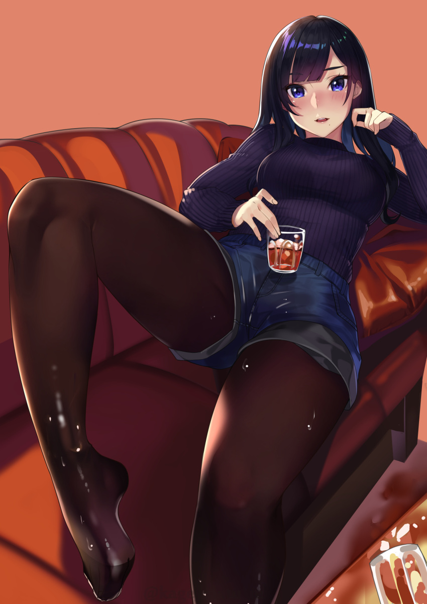 1girl alcohol bangs black_hair blue_eyes blush breasts couch cup drinking_glass eyebrows_visible_through_hair hand_on_own_face highres kagematsuri lips long_hair looking_at_viewer lying medium_breasts mole mole_under_mouth no_shoes open_mouth original pantyhose shorts smile solo sweater wet wet_clothes wet_pantyhose whiskey
