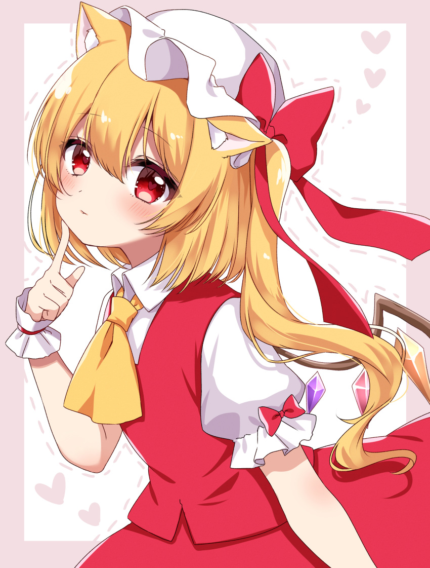 1girl absurdres animal_ears bangs blonde_hair blush border bow cat_ears closed_mouth collar collared_shirt crystal dress eyebrows_visible_through_hair eyes_visible_through_hair flandre_scarlet hand_up hat hat_bow heart heart-shaped_pupils highres jewelry looking_at_viewer mob_cap multicolored_wings one_side_up pointing puffy_short_sleeves puffy_sleeves purple_border red_bow red_dress red_eyes shinonome_asu shirt short_hair short_sleeves smile solo symbol-shaped_pupils touhou white_background white_headwear white_shirt wings wrist_cuffs