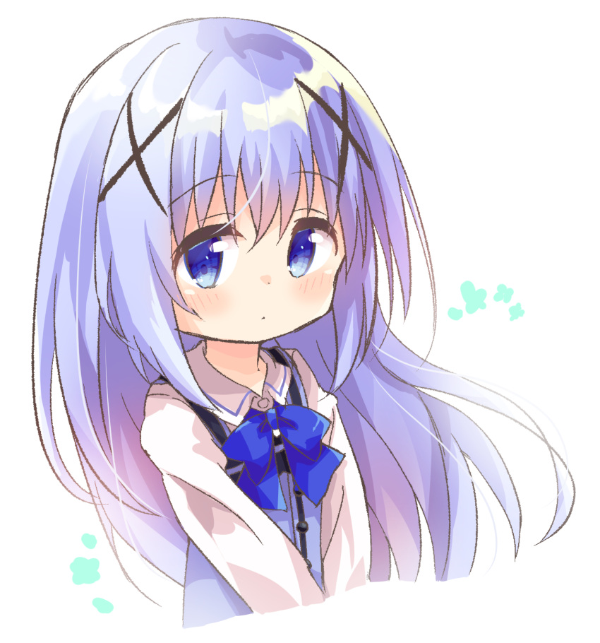 1girl bangs blue_bow blue_eyes blue_hair blue_vest blush bow closed_mouth collared_shirt commentary_request cropped_torso dress_shirt eyebrows_visible_through_hair gochuumon_wa_usagi_desu_ka? hair_between_eyes hair_ornament highres kafuu_chino long_hair long_sleeves looking_at_viewer nakkar rabbit_house_uniform shirt solo uniform upper_body very_long_hair vest waitress white_background white_shirt x_hair_ornament