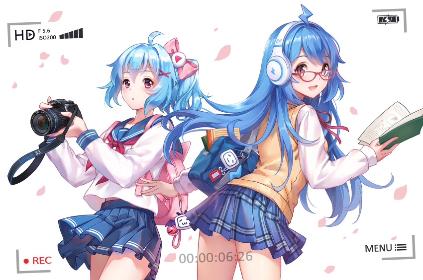 2girls bilibili_douga blouse blue_hair blue_sailor_collar blue_skirt blush book carminar chibi closed_mouth glasses hair_ornament headphones highres long_hair multiple_girls neckerchief open_mouth pleated_skirt red_eyes sailor_collar school_uniform serafuku short_hair skirt uniform