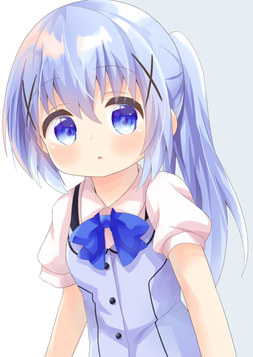 1girl :o absurdres alternate_hairstyle bangs blue_bow blue_eyes blue_hair blue_vest blush bow collared_shirt commentary_request eyebrows_visible_through_hair gochuumon_wa_usagi_desu_ka? grey_background hair_between_eyes hair_ornament highres kafuu_chino looking_at_viewer nakkar parted_lips puffy_short_sleeves puffy_sleeves rabbit_house_uniform shirt short_sleeves sidelocks solo uniform upper_body vest waitress white_background white_shirt x_hair_ornament