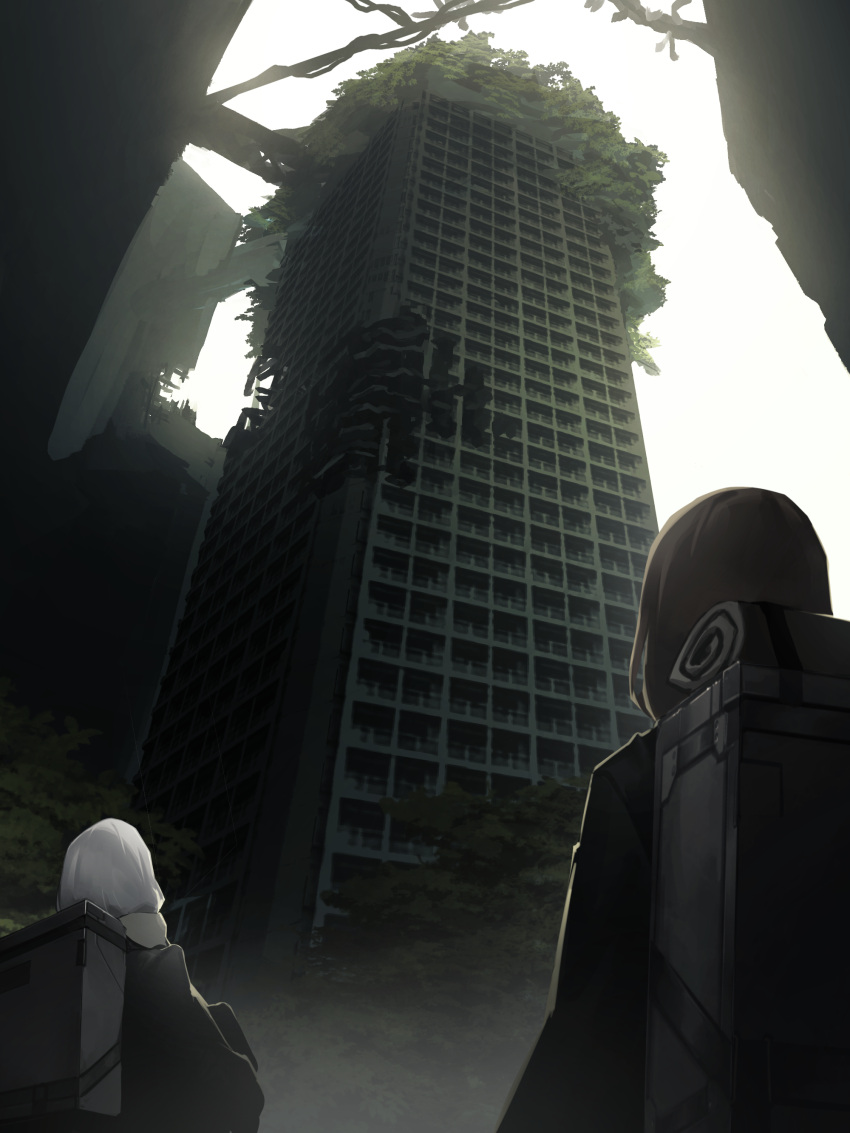 2girls absurdres backpack bag black_jacket building commentary_request day facing_away fixro2n from_behind highres hood hood_up jacket long_sleeves multiple_girls original outdoors overgrown plant ruins scenery skyscraper sunlight