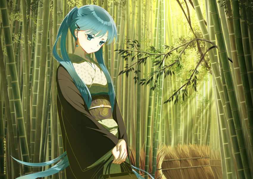 1girl aqua_eyes aqua_hair asa_no_ha_(pattern) bag bamboo bamboo_forest bangs beads cowboy_shot day eyebrows_visible_through_hair fence forest green_kimono green_theme hair_ornament hair_over_shoulder hairclip handbag haori hatsune_miku holding holding_bag japanese_clothes kimono long_hair long_sleeves looking_away looking_down nature own_hands_together shichimi_renge solo twintails very_long_hair vocaloid