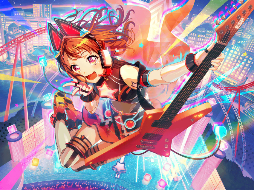 1girl animal_ears bang_dream! blush brown_hair city cityscape dress fake_animal_ears glowstick guitar holding_instrument looking_at_viewer official_art open_mouth roller_coaster short_hair smile solo stage starry_sky toyama_kasumi violet_eyes