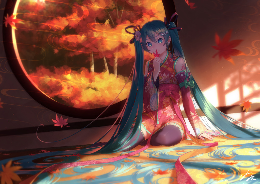 absurdly_long_hair aqua_eyes aqua_hair aqua_nails arm_support autumn_leaves bare_shoulders black_legwear commentary_request covering_mouth detached_sleeves floral_print flower full_body hair_flower hair_ornament hand_up hatsune_miku highres holding holding_leaf indoors japanese_clothes kimono leaf long_hair looking_at_viewer maple_leaf nail_polish nule3309 red_kimono red_sleeves round_window shoulder_tattoo sitting sleeveless sleeveless_kimono smile sunlight tattoo thigh-highs tree twintails very_long_hair vocaloid zettai_ryouiki