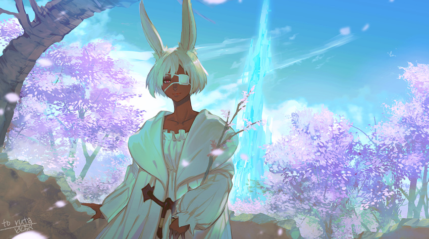 1girl animal_ears aqua_nails bangs blue_sky branch closed_mouth clouds commission dark_skin day dokurabe eyepatch final_fantasy final_fantasy_xiv fingernails light_smile long_fingernails long_sleeves looking_at_viewer nightgown outdoors pink_eyes rabbit_ears sharp_fingernails short_hair sky smile solo tree viera white_hair