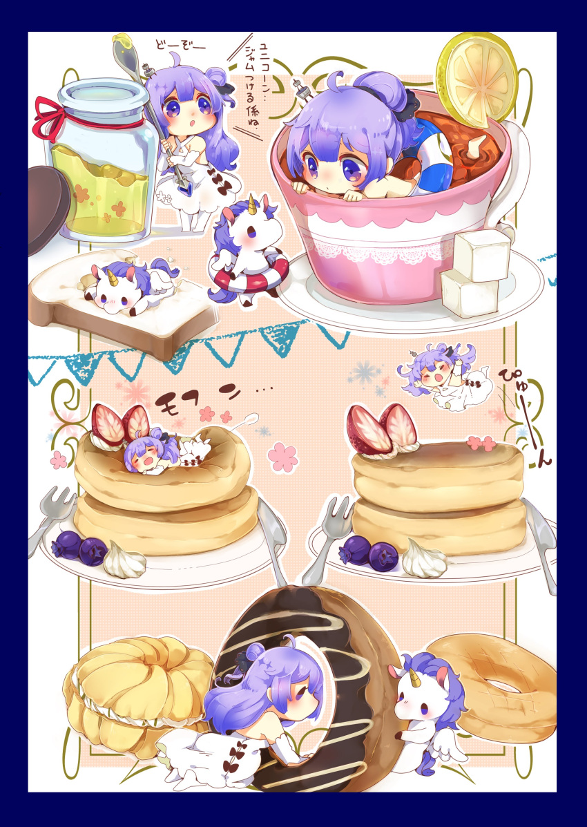 1girl absurdres ahoge azur_lane bangs barefoot black_bow black_ribbon blueberry blush bow bread chibi commentary_request cream criss-cross_halter cup detached_sleeves doughnut dress eating eyebrows_visible_through_hair food fork french_cruller fruit hair_bun hair_ribbon halterneck highres holding holding_spoon in_container in_cup jar knife lifebuoy long_hair long_sleeves multiple_views no_shoes okura00 one_side_up pancake parted_lips pennant plate profile purple_hair ribbon saucer side_bun sleeves_past_wrists slice_of_bread soles spoon stack_of_pancakes strawberry string_of_flags stuffed_alicorn stuffed_animal stuffed_toy sugar_cube tea teacup thigh-highs translation_request unicorn_(azur_lane) very_long_hair violet_eyes white_dress white_legwear white_sleeves