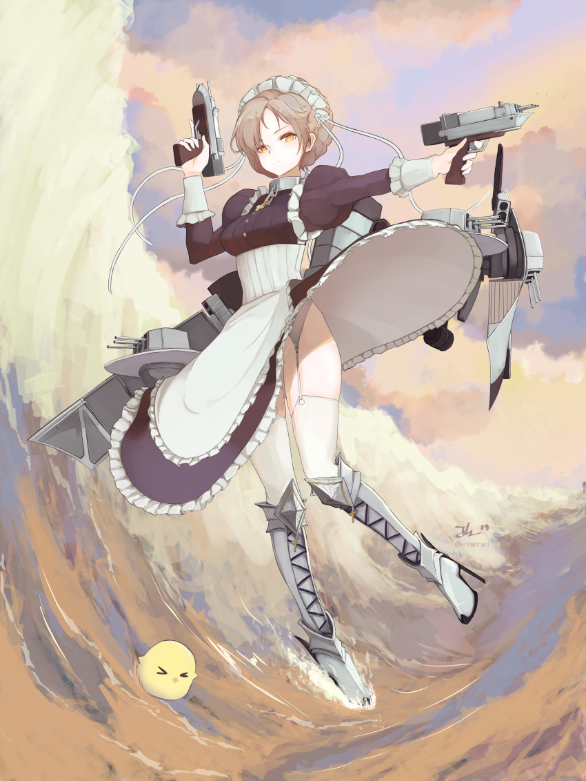 1girl absurdres apron arescr armored_boots azur_lane boots braid closed_mouth clouds cloudy_sky commentary corset english_commentary expressionless french_braid garter_belt garter_straps gun high_heel_boots high_heels highres holding holding_gun holding_weapon juliet_sleeves long_skirt long_sleeves looking_at_viewer maid maid_headdress manjuu_(azur_lane) no_panties ocean outdoors platinum_blonde_hair puffy_sleeves rigging sheffield_(azur_lane) short_hair signature skirt skirt_flip sky solo thigh-highs twitter_username waist_apron waves weapon white_legwear yellow_eyes