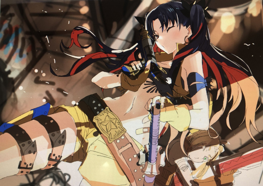 2girls ahoge alternate_costume arm_strap bandaid bangs belt belt_buckle black_hair blonde_hair blurry blurry_background blush brown_belt buckle collared_vest cowboy_shot cropped_vest cursor dutch_angle earrings fate/grand_order fate_(series) fingernails gloves green_eyes gun hair_ribbon hand_cursor hand_on_hilt highres holding holding_gun holding_weapon holster hoop_earrings ishtar_(fate/grand_order) jewelry light_particles long_hair looking_at_viewer multiple_girls navel one_eye_closed open_clothes open_vest parted_bangs red_eyes redhead reflective_eyes ribbon shade sheath sheathed short_shorts shorts sketch stomach sword tagme thigh_strap thighs tsuuhan two_side_up vest weapon wind yellow_gloves yellow_shorts yellow_vest