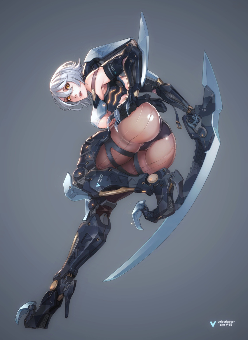 1girl absurdres ass black_panties blade breasts brown_eyes character_name claws commentary cyborg english_commentary grey_background hand_on_hip high_heels highres holding holding_weapon large_breasts looking_at_viewer mecha_musume mechanical_arms mechanical_legs open_mouth original panties pantyhose plugsuit prosthesis prosthetic_arm running short_hair simple_background standing standing_on_one_leg under_boob underwear velociraptor weapon wei_(kaminari0411) white_hair
