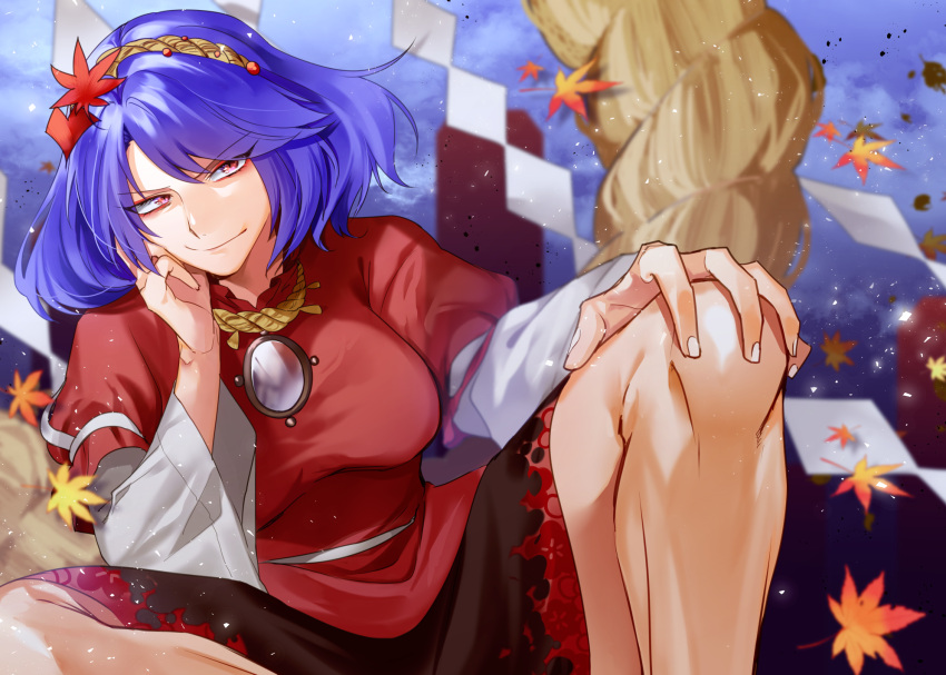&gt;:) 1girl autumn_leaves bangs black_skirt blue_hair commentary_request eyebrows_visible_through_hair feet_out_of_frame fuchina hair_ornament hand_up highres knee_up leaf_hair_ornament long_sleeves looking_at_viewer mirror puffy_short_sleeves puffy_sleeves red_eyes red_shirt rope shide shimenawa shirt short_hair short_sleeves sitting skirt smile solo touhou v-shaped_eyebrows wide_sleeves yasaka_kanako
