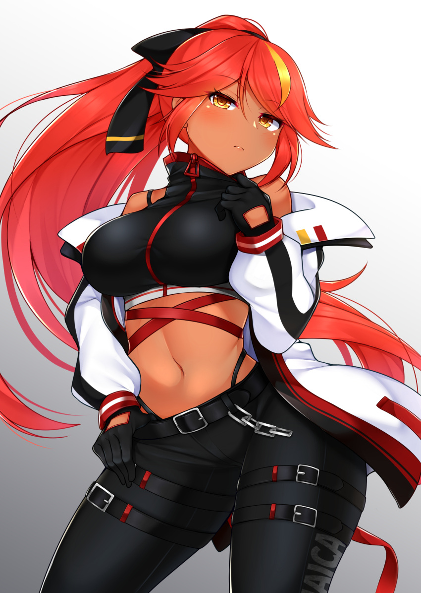 1girl azur_lane bangs bare_shoulders belt black_belt black_bow black_pants black_shirt blonde_hair blush bow breasts commentary_request cowboy_shot crop_top eyebrows_visible_through_hair gradient gradient_background grey_background hair_between_eyes hair_bow hand_up head_tilt highleg highleg_panties highres jacket jamaica_(azur_lane) jamaica_(highway_star)_(azur_lane) large_breasts long_hair long_sleeves looking_at_viewer midriff multicolored_hair navel off_shoulder open_clothes open_jacket panties pants ponytail redhead shirt sidelocks sleeveless sleeveless_shirt solo standing stomach streaked_hair thigh_strap thighs tokoya_(ex-hetare) underwear very_long_hair white_background white_jacket yellow_eyes