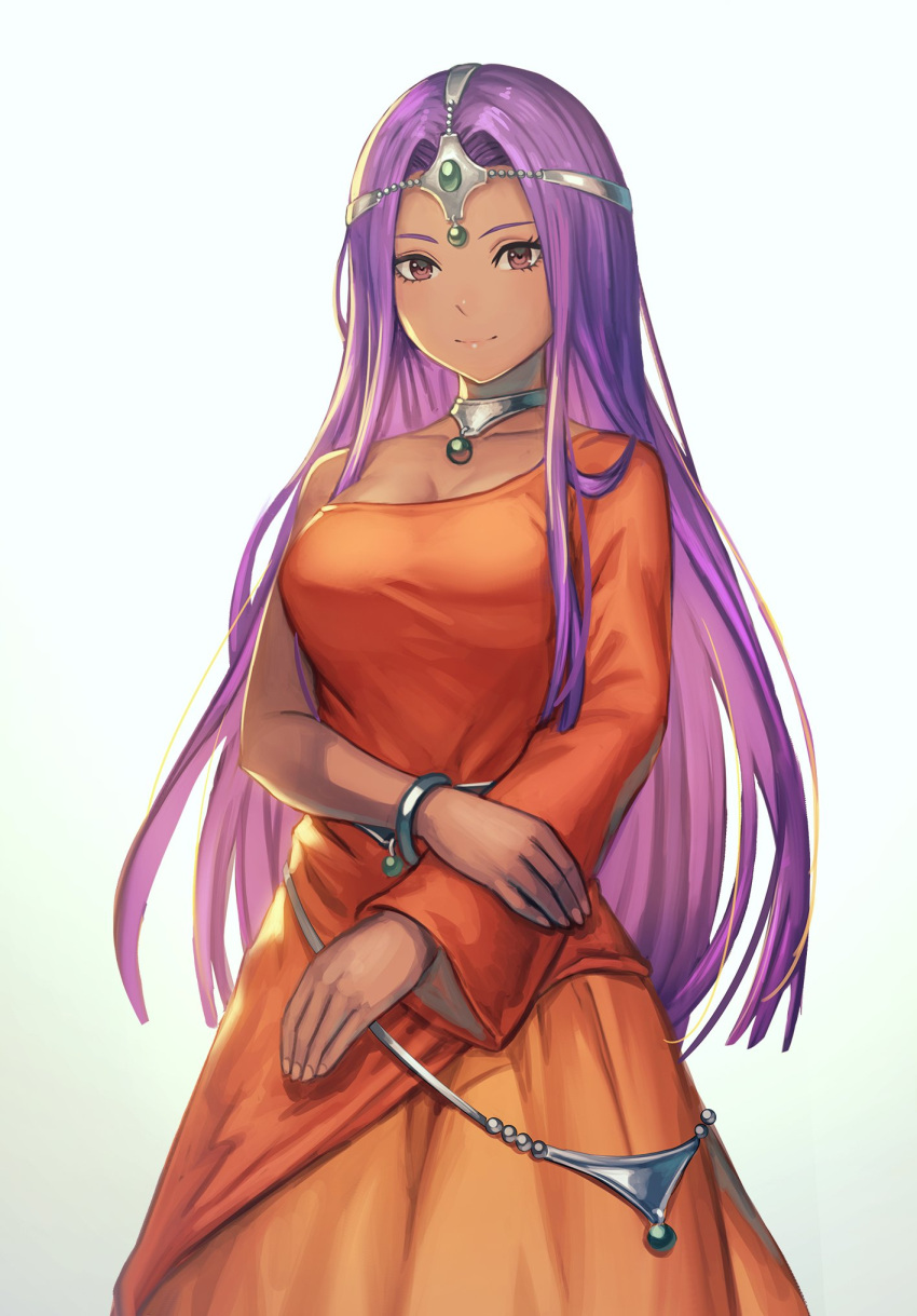 1girl anbe_yoshirou asymmetrical_sleeves bangs bare_shoulders breasts choker circlet closed_mouth collarbone commentary_request dark_skin dragon_quest dragon_quest_iv dress fingernails gem gradient gradient_background highres jewelry light_smile lips long_hair looking_at_viewer medium_breasts minea orange_dress parted_bangs purple_hair red_eyes shiny shiny_hair simple_background solo white_background