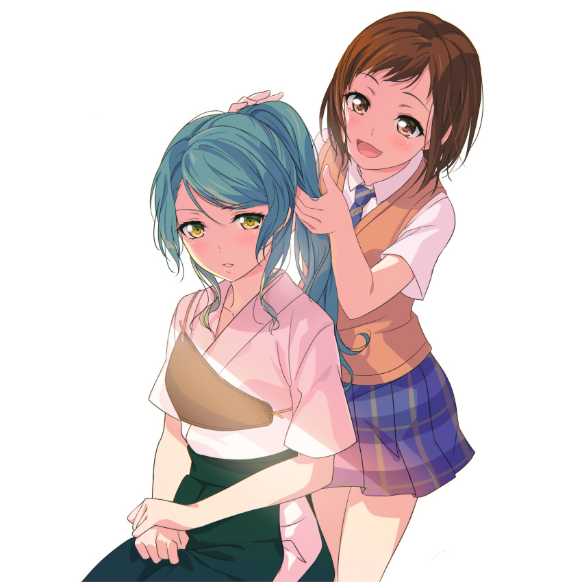 2girls :d absurdres bang_dream! bangs blush brown_eyes brown_hair collarbone dress_shirt green_eyes green_hair hakama hands_together haneoka_school_uniform hazawa_tsugumi highres hikawa_sayo izu_(izzzzz27) japanese_clothes long_hair looking_at_another miniskirt multiple_girls muneate necktie nontraditional_miko open_mouth parted_lips plaid plaid_skirt pleated_skirt ponytail school_uniform shirt short_hair short_sleeves sidelocks simple_background sitting skirt smile striped striped_neckwear sweater_vest swept_bangs white_background white_shirt