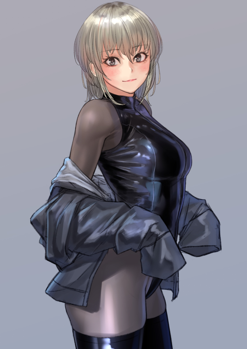 1girl black_legwear bodysuit breasts grey_background grey_eyes grey_hair highres jacket kilye_4421 leotard light_blush looking_at_viewer medium_breasts original pantyhose short_hair simple_background skin_tight smile