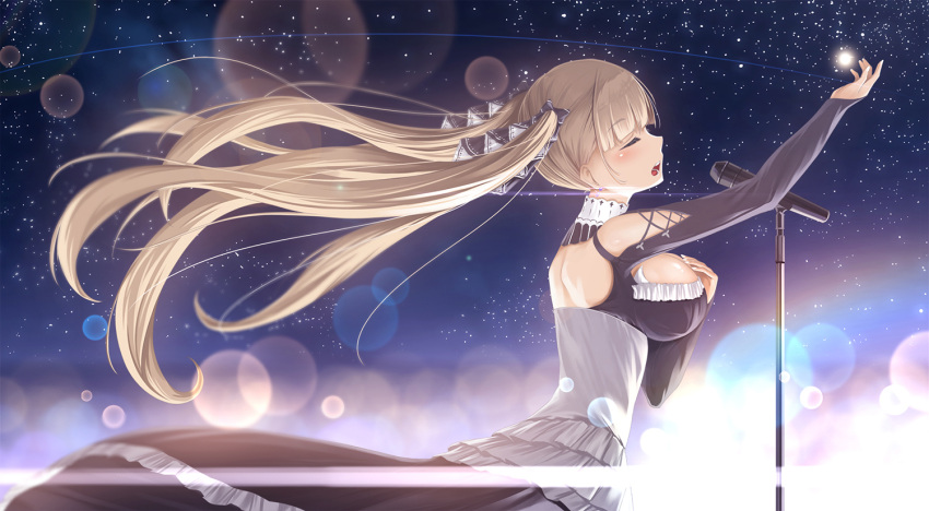1girl azur_lane blonde_hair breasts closed_eyes cowboy_shot dress eyebrows_visible_through_hair formidable_(azur_lane) hair_ornament hand_on_own_chest huge_filesize large_breasts lens_flare long_hair long_sleeves microphone microphone_stand music night night_sky open_mouth outdoors outstretched_arm profile riuji singing sky solo star_(sky) starry_sky twintails wind