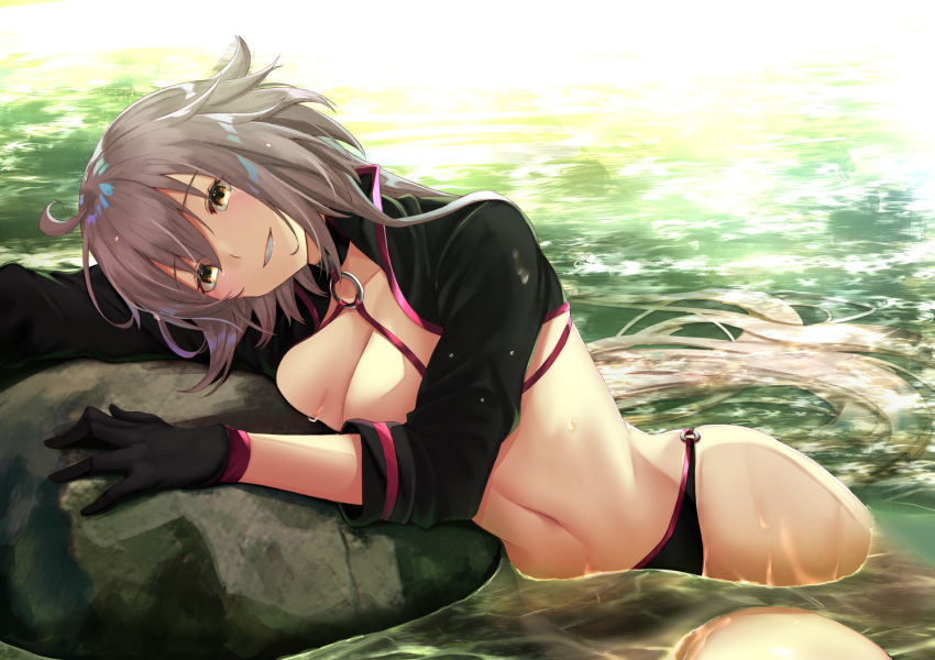 1girl ahoge bikini black_bikini black_choker black_gloves black_jacket breasts choker cropped_jacket fate/grand_order fate_(series) gakuon_(gakuto) gloves grey_hair jacket jeanne_d'arc_(alter_swimsuit_berserker) jeanne_d'arc_(fate)_(all) large_breasts long_hair lying navel o-ring o-ring_bikini o-ring_bottom o-ring_top on_side partially_submerged rock shrug_(clothing) solo swimsuit very_long_hair water yellow_eyes