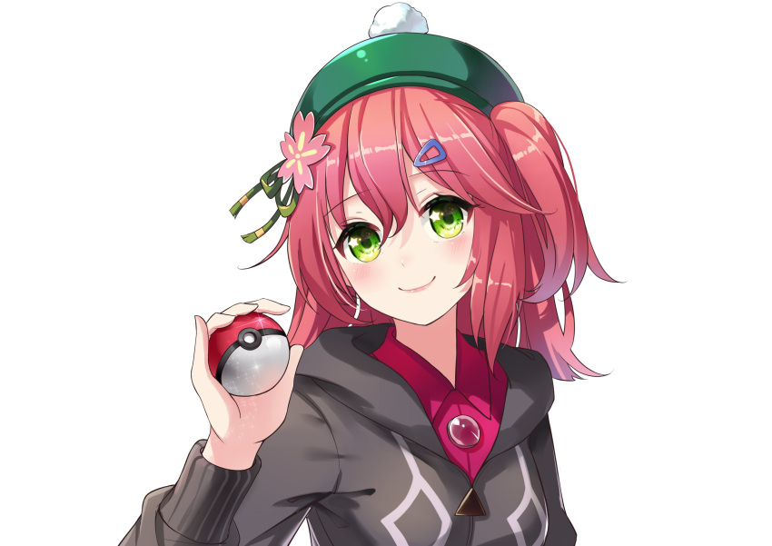 1girl absurdres bangs blush breasts cherry_blossoms closed_mouth cosplay dyx217 eyebrows_visible_through_hair flower green_eyes green_headwear grey_jacket hair_between_eyes hair_flower hair_ornament hairclip hat highres holding holding_poke_ball hololive jacket long_sleeves looking_at_viewer medium_hair one_side_up pink_hair poke_ball pokemon pokemon_(game) pokemon_swsh sakura_miko smile solo upper_body virtual_youtuber white_background yuuri_(pokemon) yuuri_(pokemon)_(cosplay)