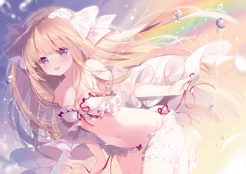 1girl :d ame_usari arched_back bangs bare_shoulders blonde_hair bow bow_panties breasts commentary_request copyright_request eyebrows_visible_through_hair frilled_hairband frills hair_bow hairband highres leg_garter long_hair medium_breasts navel open_mouth panties rainbow red_ribbon ribbon round_teeth side-tie_panties smile solo sparkle striped striped_bow teeth underwear upper_teeth very_long_hair violet_eyes water_drop white_bow white_panties