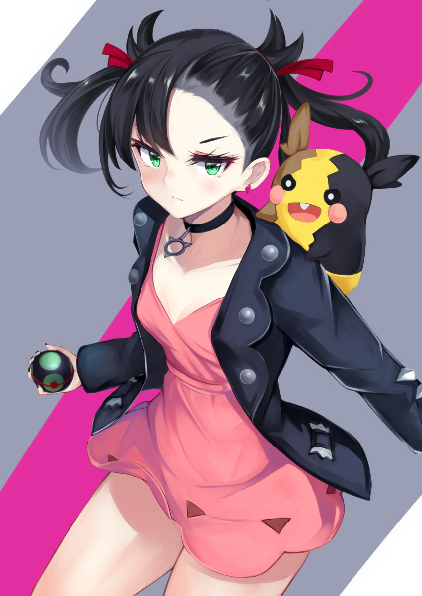 1girl :d asymmetrical_bangs bangs black_choker black_hair black_jacket black_nails blush breasts choker closed_mouth collarbone commentary_request dress dusk_ball earrings eyebrows_behind_hair gen_8_pokemon green_eyes hair_ribbon highres holding holding_poke_ball irohasu jacket jewelry looking_at_viewer mary_(pokemon) morpeko nail_polish open_clothes open_jacket open_mouth pink_dress poke_ball pokemon pokemon_(creature) pokemon_(game) pokemon_swsh red_ribbon ribbon sidelocks small_breasts smile twintails v-shaped_eyebrows