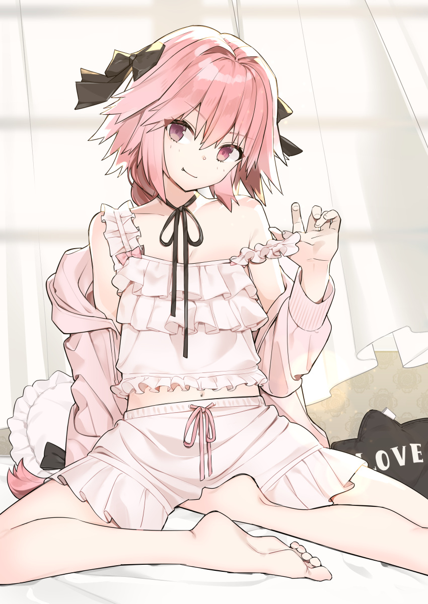 1boy absurdres astolfo_(fate) bangs bare_shoulders barefoot black_bow black_ribbon blush bow braid closed_mouth collarbone fate/apocrypha fate_(series) frills hair_bow hair_intakes highres jacket legs long_braid long_hair looking_at_viewer multicolored_hair navel neck_ribbon off_shoulder omucchan_(omutyuan) otoko_no_ko pillow pink_hair pink_jacket ribbon shorts single_braid sitting smile solo strap_pull streaked_hair toes violet_eyes white_camisole white_hair white_shorts