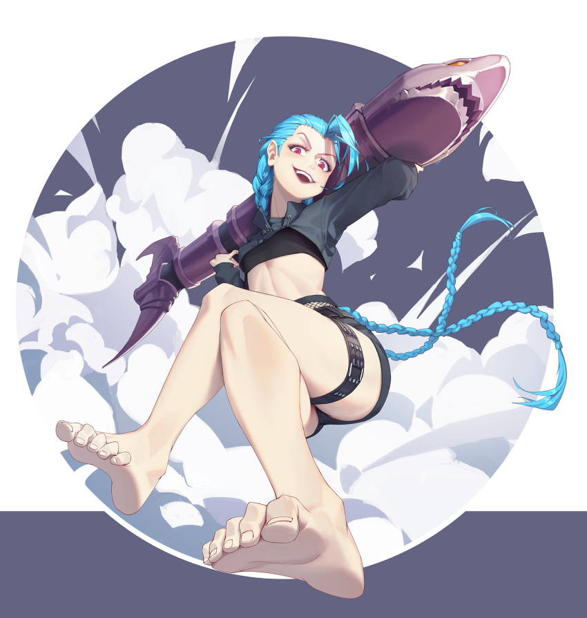 1girl artist_request barefoot blue_hair braid breasts crop_top crossed_legs explosion fishnets fringe_trim full_body highres huge_weapon jinx_(league_of_legends) league_of_legends lipstick long_hair makeup midriff open_mouth red_eyes rocket_launcher short_shorts shorts shrug_(clothing) small_breasts smoke soles solo thigh_strap toe_scrunch toes twin_braids very_long_hair weapon