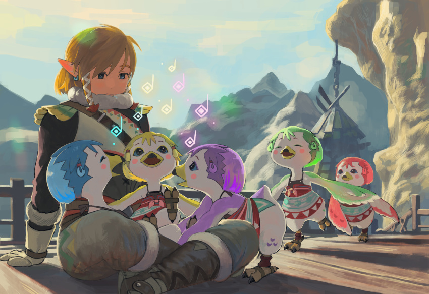 1boy 5girls absurdres alternate_costume arm_support beak blonde_hair blue_eyes child earrings feathers fur_trim gloves highres indian_style jewelry light_blush link looking_at_another looking_down morning mountainous_horizon multiple_girls music musical_note open_mouth pointy_ears rito running shadow short_ponytail singing sitting sitting_on_lap sitting_on_person smile strap sunlight talons the_legend_of_zelda the_legend_of_zelda:_breath_of_the_wild turquoise_iro wings