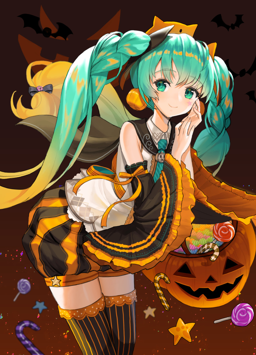 1girl absurdres aqua_hair aqua_neckwear bangs basket black_bow black_legwear black_sleeves blush bow candy candy_cane closed_mouth commentary detached_sleeves doyoom earrings eyebrows_visible_through_hair food food_themed_earrings frilled_sleeves frills gradient gradient_background green_eyes hair_bow halloween hand_on_own_cheek hatsune_miku highres jewelry leaning_forward lollipop long_hair long_sleeves looking_at_viewer multicolored_hair necktie orange_hair orange_ribbon own_hands_together pumpkin pumpkin_earrings ribbon shirt shorts smile solo standing star striped striped_legwear twintails two-tone_hair vertical-striped_legwear vertical-striped_shorts vertical_stripes very_long_hair vocaloid white_shirt wide_sleeves