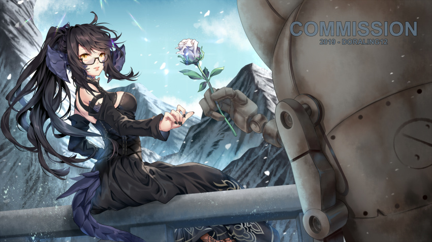 1girl au_ra bangs black_dress black_hair black_horns breasts commission detached_sleeves dragon_horns dragon_tail dress eyebrows_visible_through_hair final_fantasy final_fantasy_xiv flower from_behind glasses highres horns ling_(doraling12) long_hair looking_back medium_breasts mountain nier_(series) nier_automata outdoors ponytail robot rose scales semi-rimless_eyewear solo tail watermark white_flower white_rose