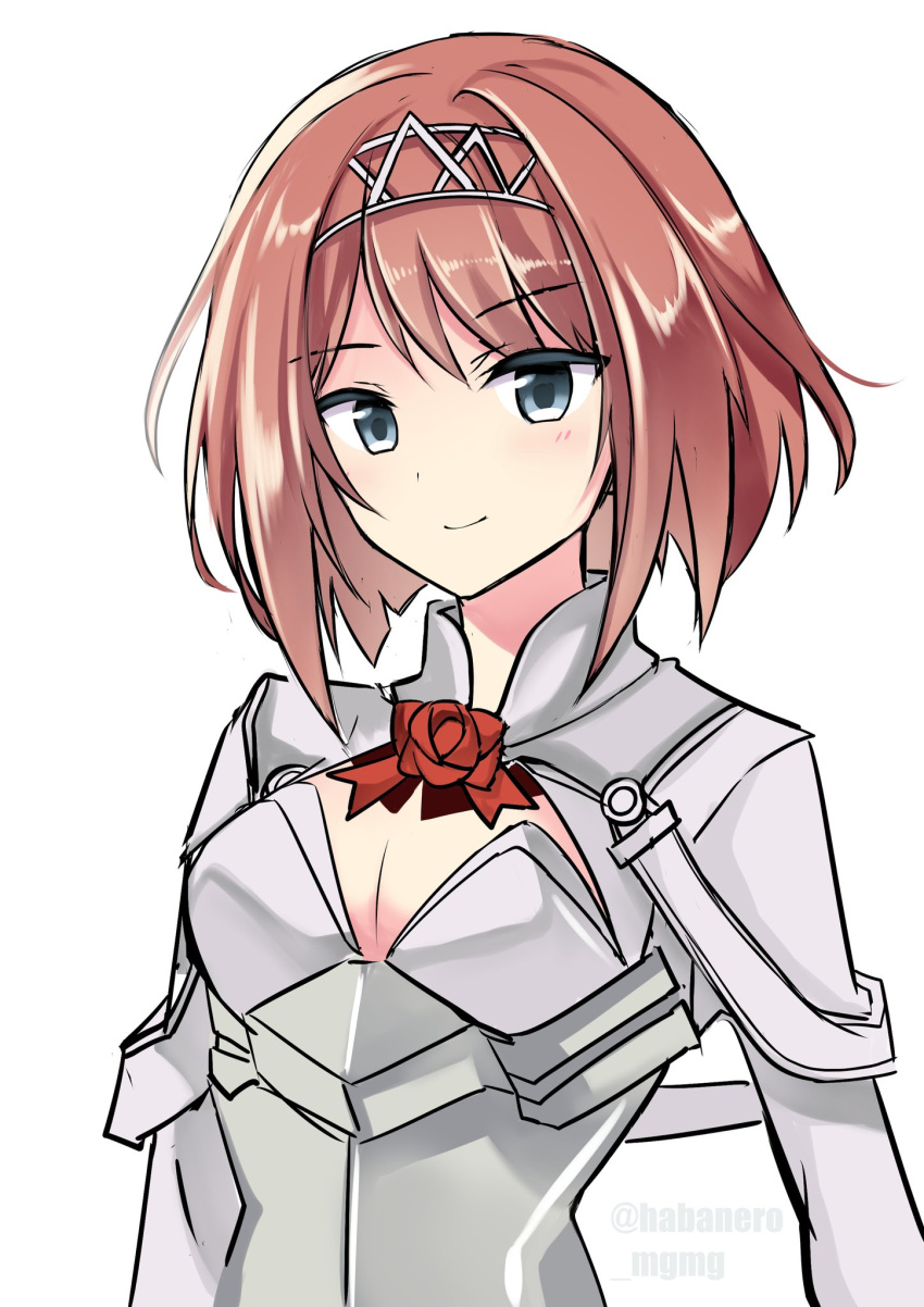 1girl ark_royal_(kantai_collection) bangs blue_eyes blunt_bangs bob_cut breasts cleavage_cutout fathom hairband highres inverted_bob kantai_collection long_sleeves looking_at_viewer medium_breasts red_ribbon redhead ribbon short_hair simple_background smile solo tiara upper_body white_background